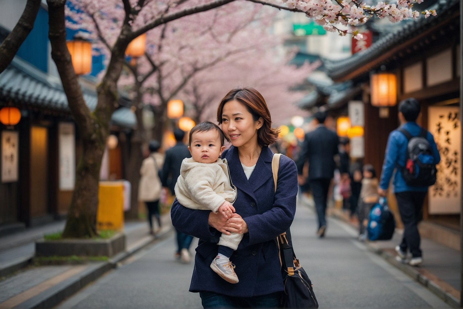 Femme portant un bébé dans les rues du Japon