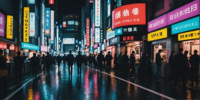 Tokyo nightlife with neon lights and busy streets.