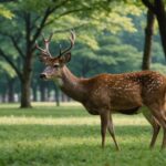 Deer in Nara Park with tourists in background