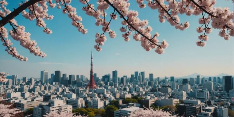 Tokyo skyline with landmarks and cherry blossoms in spring