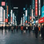 Bustling Tokyo shopping district with various stores and shoppers.