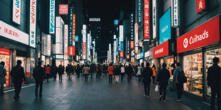 Bustling Tokyo shopping district with various stores and shoppers.