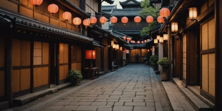 Gion street view with lanterns and wooden houses