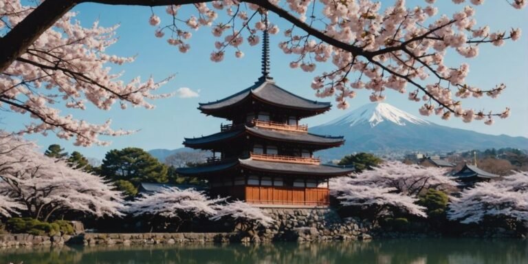 Kyoto landmarks with cherry blossoms in full bloom.