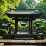 Kyoto shrine with lush greenery and tranquil atmosphere.