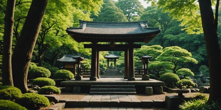 Kyoto shrine with lush greenery and tranquil atmosphere.