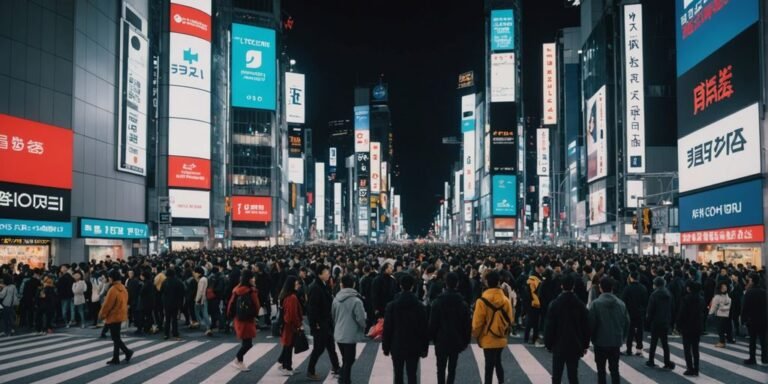 Crowded Shibuya crossing illuminated by vibrant neon signs.