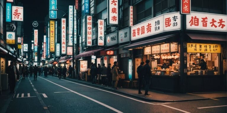 Tokyo street with restaurants and neon signs at night.