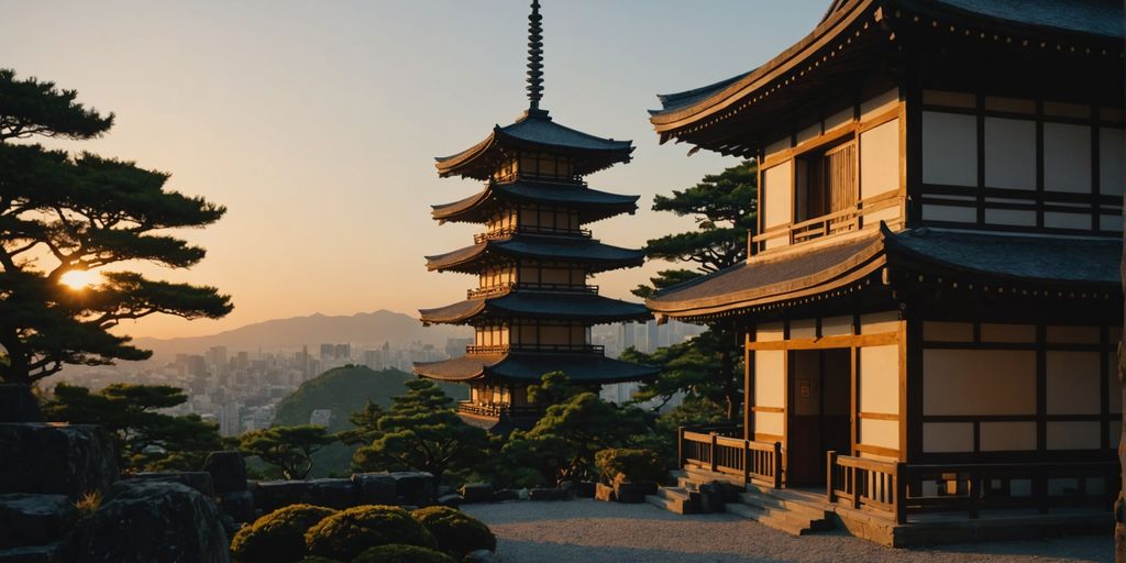 Personne seule devant un temple japonais au crépuscule.