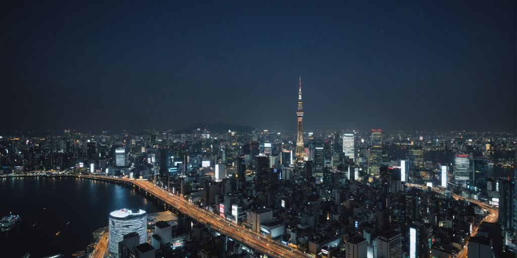 Panorama nocturne d'Osaka avec gratte-ciels illuminés.
