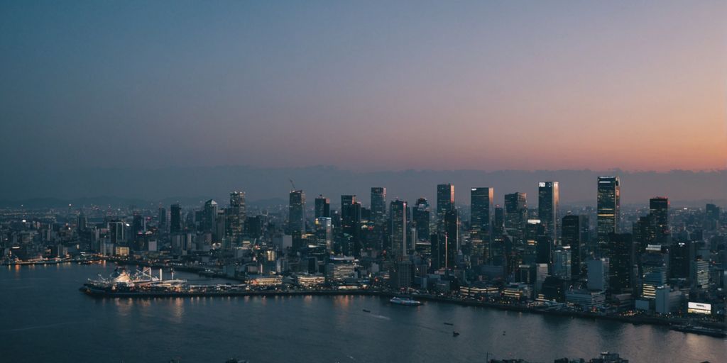 Panorama de Yokohama au crépuscule avec gratte-ciels.